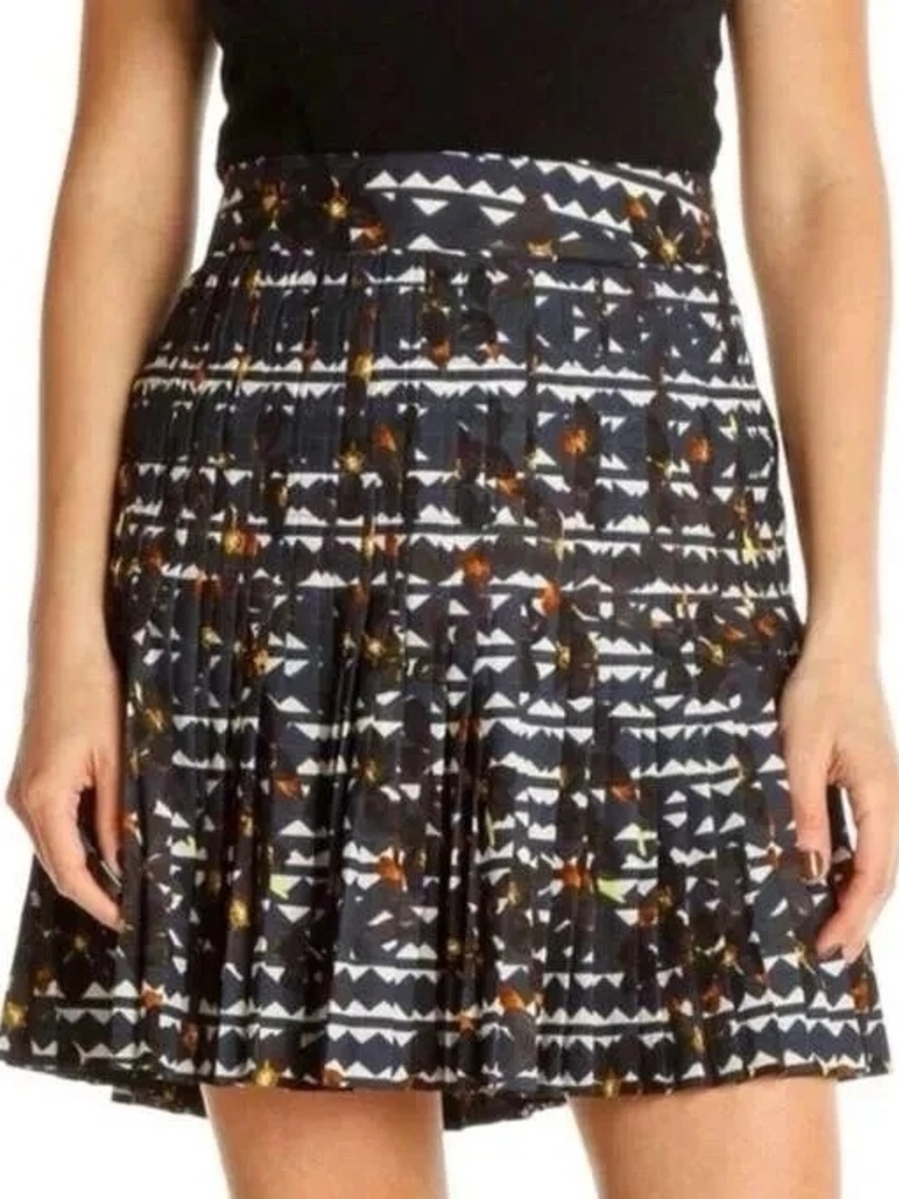 J. Crew Navy Skater Skirt with White Geometric Print and Amber Accents